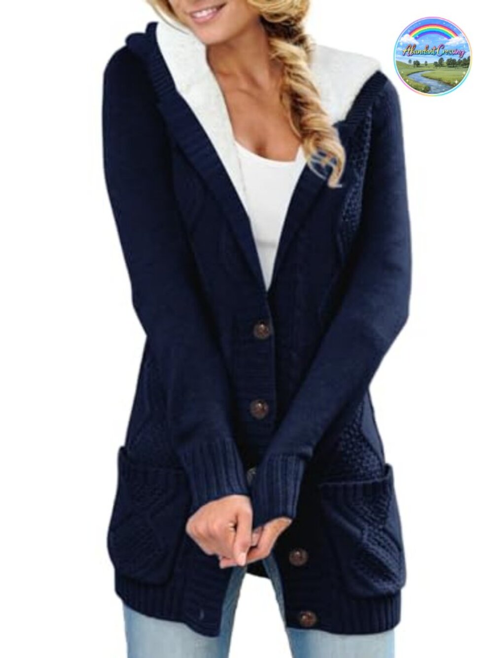 Women's Fleece Lined Cable Knit Hooded Cardigan Sweater Buttons Long Sleeve